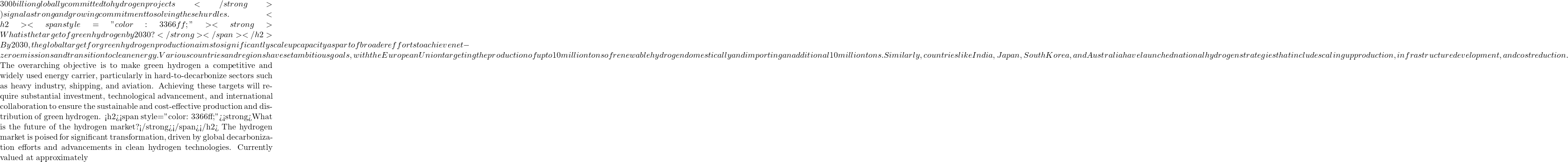 300 billion globally committed to hydrogen projects</strong>) signal a strong and growing commitment to solving these hurdles. <h2><span style="color: #3366ff;"><strong>What is the target of green hydrogen by 2030?</strong></span></h2> By 2030, the global target for green hydrogen production aims to significantly scale up capacity as part of broader efforts to achieve net-zero emissions and transition to clean energy. Various countries and regions have set ambitious goals, with the European Union targeting the production of up to 10 million tons of renewable hydrogen domestically and importing an additional 10 million tons. Similarly, countries like India, Japan, South Korea, and Australia have launched national hydrogen strategies that include scaling up production, infrastructure development, and cost reduction.  The overarching objective is to make green hydrogen a competitive and widely used energy carrier, particularly in hard-to-decarbonize sectors such as heavy industry, shipping, and aviation. Achieving these targets will require substantial investment, technological advancement, and international collaboration to ensure the sustainable and cost-effective production and distribution of green hydrogen. <h2><span style="color: #3366ff;"><strong>What is the future of the hydrogen market?</strong></span></h2> The hydrogen market is poised for significant transformation, driven by global decarbonization efforts and advancements in clean hydrogen technologies. Currently valued at approximately