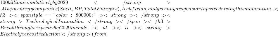 100 billion cumulatively by 2029</strong>. Major energy companies (Shell, BP, TotalEnergies), tech firms, and green hydrogen startups are driving this momentum. <h3><span style="color: #800000;"><strong>⚙️</strong><strong> Technological Innovation</strong></span></h3> Breakthroughs expected by 2029 include: <ul>  	<li><strong>Electrolyzer cost reduction</strong> (from ~